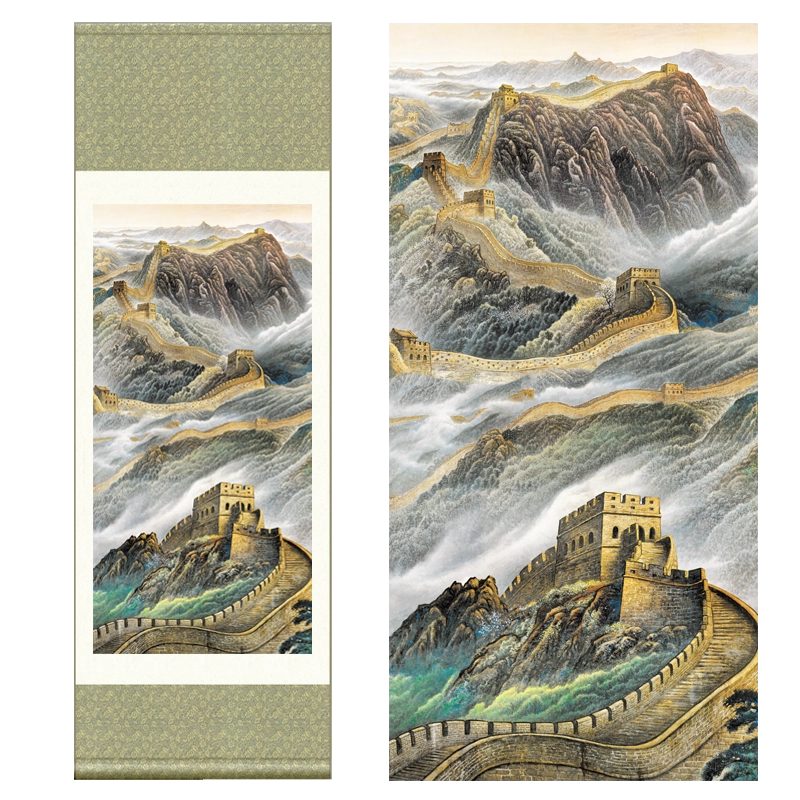 长城丝绸画卷轴挂画办公室古代山水国画中国风特色礼物送老
