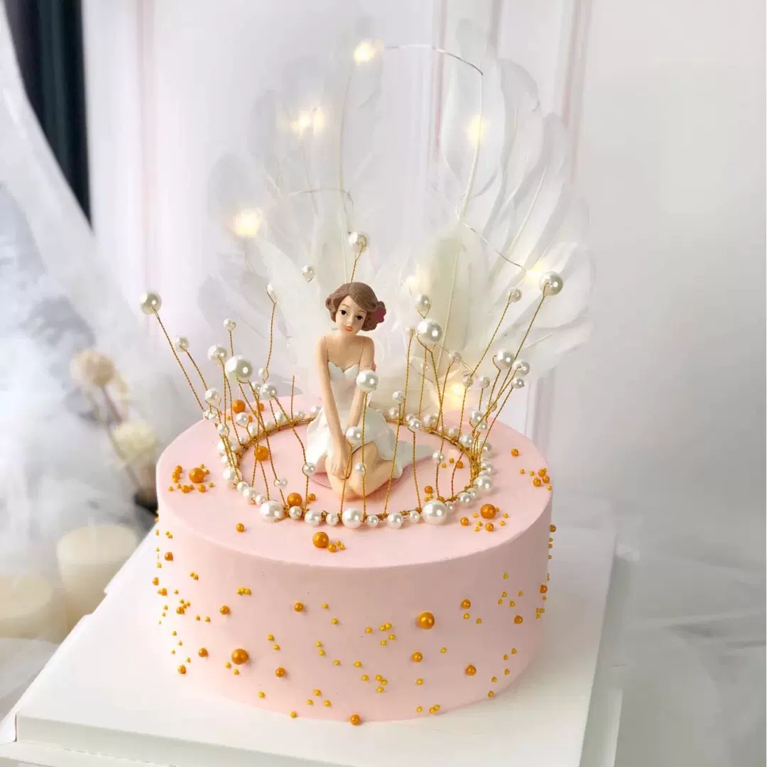天使生日蛋糕装饰摆件白色花仙子精灵少女翅膀宝宝小仙女烘焙