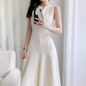 
th triacetate white dress women's long skirt sleeveless round neck skirt slim white skirt 2025 spring and summer mid-length skirt