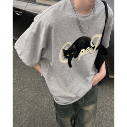 Gray American-Style Pure Cotton T-Shirt for Men, Short-Sleeved, Summer Trendy Brand Design, Heavyweight Vintage European and American High Street Half-Sleeve