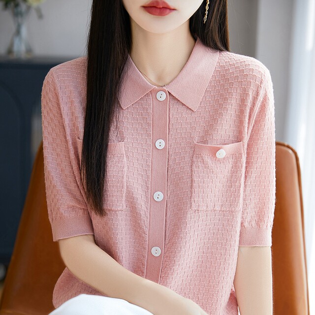 Summer thin mulberry silk wool short-sleeved cardigan for women POLO collar knitted five-point sleeve T-shirt loose base top