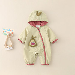 Infants and Toddlers Spring and Autum Outdoor Clothing, Jackets, 3-18 Months Old Babies, Stylish Cartoon Double-Layer Hooded One-Piece Clothes