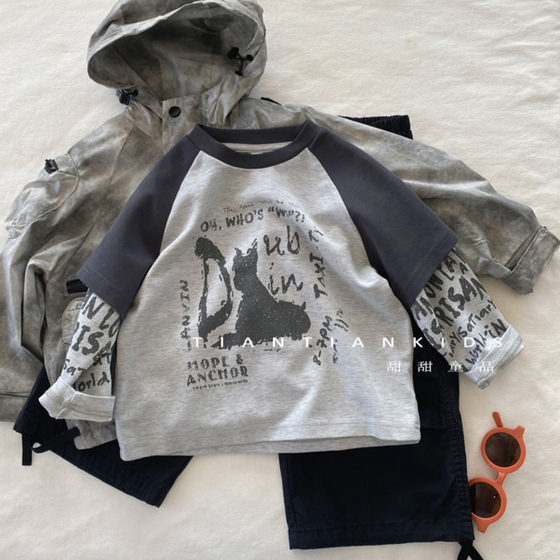 
2026 Spring and Autumn Children's Korean Fashion Cool Fake Two-Piece Bottoming Shirt Boys' Handsome and Versatile Long-Sleeved T-shirt Tops Children's Clothing