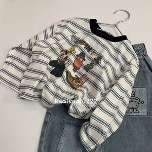 Children's Korean style casual versatile round neck long-sleeved T-shirt Spring and Autumn Clothing for boys and girls striped splicing inner base top