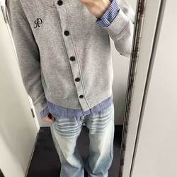 Grass Space Fake Two-Piece Plaid Cardigan Sweatshirt for Women, Spring and Autumn Casual Long-Sleeve Top Jacket