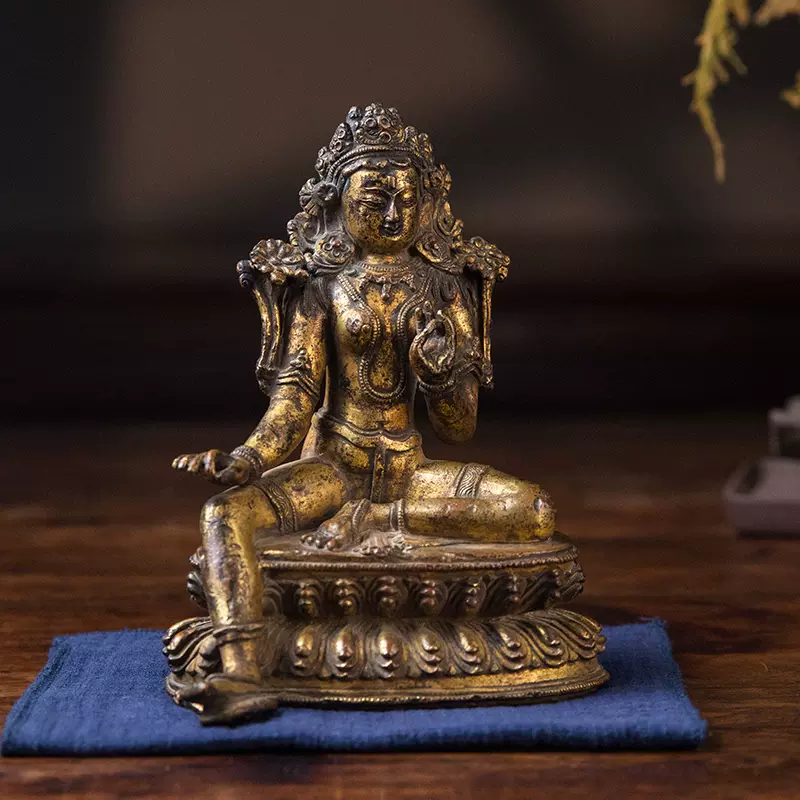 珍品旧蔵* 清代 居家供奉 銅拓金 綠度母 佛教 佛像 純銅泥金 仏像 擺件