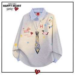Charles Heart Graffiti Tie Fake Two-Piece Shirt Collar Fleece Sweatshirt Men's Spring, Autumn, and Winter Couple Casual Top