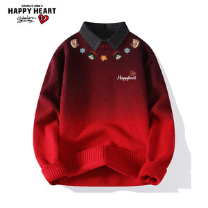 
Charles Heart Kitten Print Red Sweater for Men and Women Winter New Warm Casual Couple Sweaters