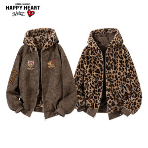 
Charles Heart American Mountain Carving Leopard Print Cotton Jacket for Men and Women Winter Double-sided Thickened Printed Hooded Couple Jacket