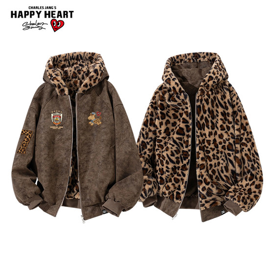 
Charles Heart American Mountain Carving Leopard Print Cotton Jacket for Men and Women Winter Double-sided Thickened Printed Hooded Couple Jacket