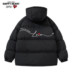 
Charles Heart American Hand-painted Streamer Letters Hooded Cotton Coat Men's 2026 Winter Love Couple Bread Clothes