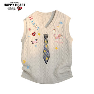 
Charles Love Heart American Print V-neck Sweater for Men and Women Couple Versatile Sweater College Style Vest Vest Trendy