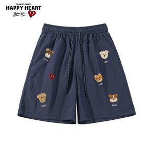 
Charles Heart Casual Shorts Summer Ice Silk Quick-Drying Wide-Leg Pants College Style Couple Water-Repellent Five-Leg Pants