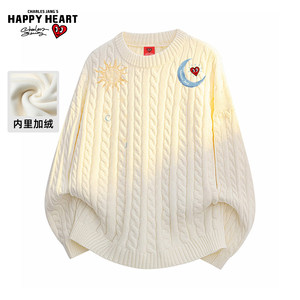 
Charles peach heart sun and moon print sweater for men and women round neck thickened velvet winter new warm couple knitted sweater