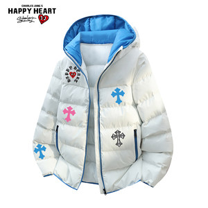 
Charles Heart American Printed Hooded Cotton Jacket for Men and Women in Winter Contrast Color Thickened Casual Warm Couple Jacket