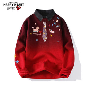 
Charles Heart Graffiti Tie Sweater for Men and Women Winter Loose Casual Versatile Couple Red Knitted Sweater