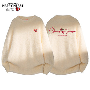 
Charles Heart Handwritten Letters Printed Sweater Men's Round Neck Winter New Warm Couple Seahorse Hair Sweater