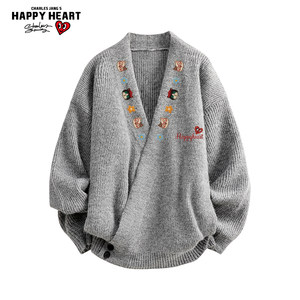 
Charles Love Heart Lazy Cardigan V-neck Sweater for Men and Women Winter New Warm Casual Couple Knitted Jacket Trendy