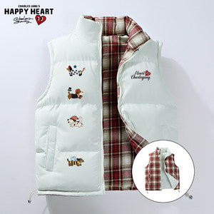 
Charles peach heart retro plaid double-sided cotton vest for men and women in winter loose and warm couple's versatile waistcoat
