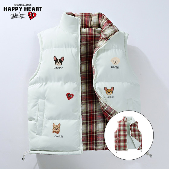 
Charles heart-shaped American retro plaid double-sided cotton vest for men and women in autumn and winter warm and loose couple's waistcoat