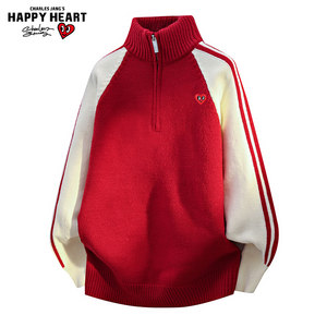 
Charles heart half-zip turtleneck sweater for men and women in autumn and winter contrasting color splicing trendy loose lazy couple sweater
