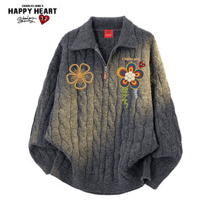 
Charles Heart Gray Half-Zip Sweater Men's Autumn and Winter New Floral Print Couple Lapel Sweater