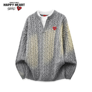 
Charles peach heart fake two-piece v-neck sweater for men and women in autumn and winter new loose lazy couple knitted sweater top