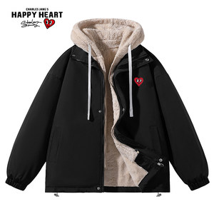 
Charles peach heart fake two-piece winter couple's new velvet thickened warm drawstring hooded cotton jacket for men