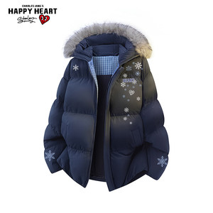 
Charles Heart Snowflake Printed Hooded Cotton Coat for Men and Women Winter New Casual Warm Couple Fur Collar Jacket Trendy