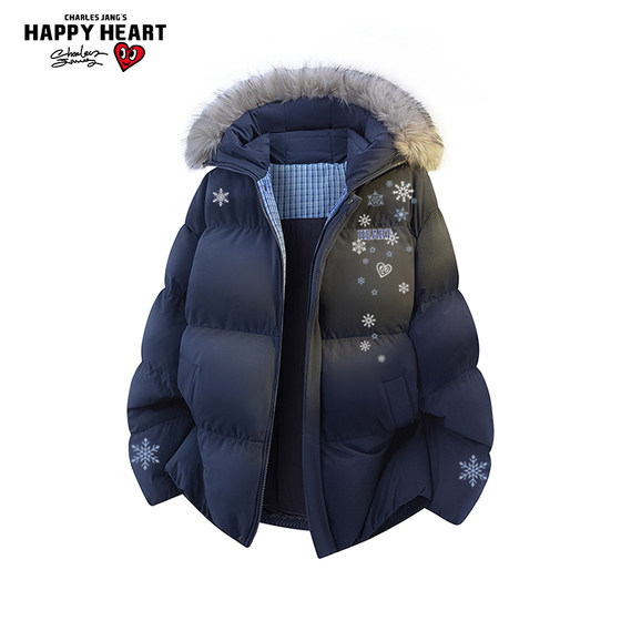 
Charles Heart Snowflake Printed Hooded Cotton Coat for Men and Women Winter New Casual Warm Couple Fur Collar Jacket Trendy