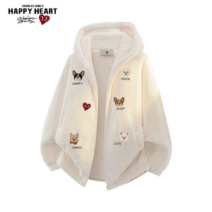 
Charles Peach Heart Puppy Printed Lamb Velvet Cotton Jacket for Men and Women Winter Thickened Warm Casual Hooded Couple Coat