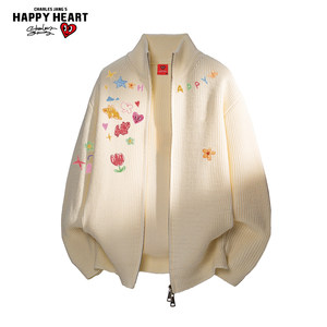 
Charles Heart Cartoon Graffiti Stand Collar Cardigan Sweater for Men and Women Winter Loose Casual Couple Knitted Jacket Trendy