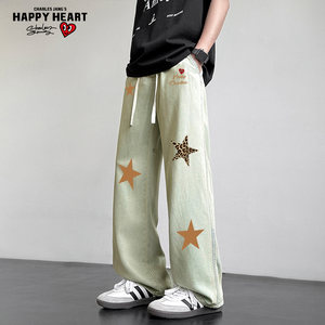 
Charles Heart Jeans Men's Spring and Autumn American High Street White Washed Sports Loose Wide-Leg Casual Pants