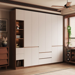 Vintage-Style Solid Wood Large Wardrobe for Home Use, Bedroom Closet for Small Apartments, Handle-Free Flat Door, Handle-Free Segmented Design