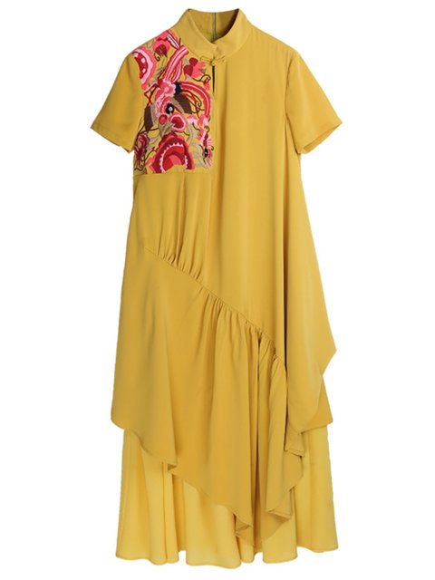 Yang Liping Tripted Yunshang Design the same national style retro embroidery female autumn dress long -sleeved chiffon long skirt
