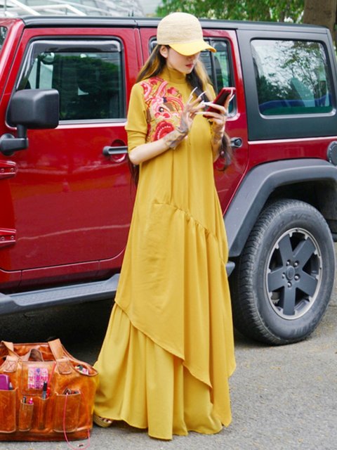 Yang Liping Tripted Yunshang Design the same national style retro embroidery female autumn dress long -sleeved chiffon long skirt

