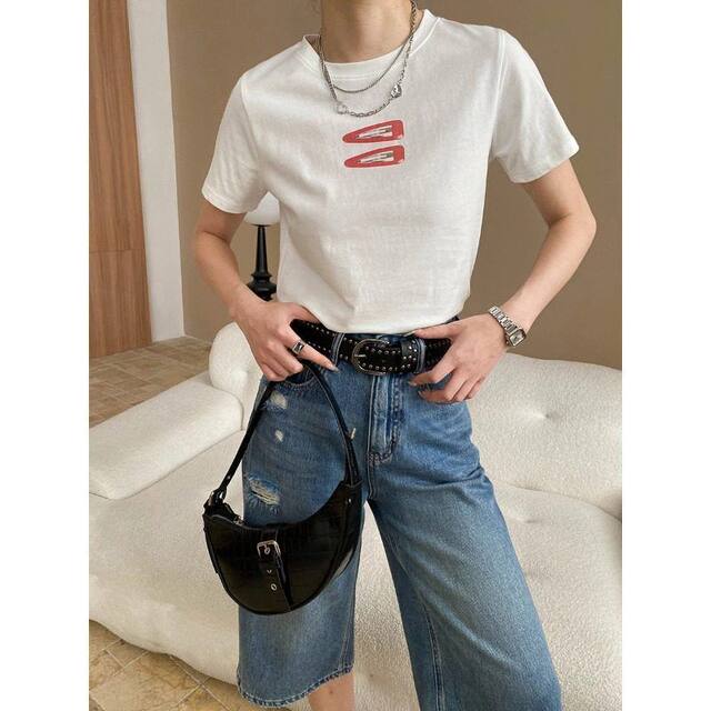 
Sinan Niche Design Sense American Fun Red Haircard Printed Round Neck Slim Short Sleeve T-shirt SN7377