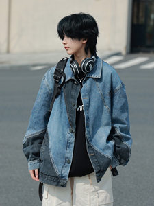 
19otiwtt Spring and Autumn Japanese retro old washing color-blocked denim jacket men's Japanese loose splicing jacket