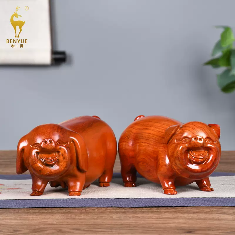 黑檀木雕福猪摆件十二生肖一对公母猪家居客厅装饰实木动物工艺品-Taobao