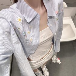 Korean Style Blue Shirt for Women, Spring and Autumn Jacket, Long-Sleeved Cardigan, Loose Polo Shirt, Floral Embroidery, Sun Protection Top