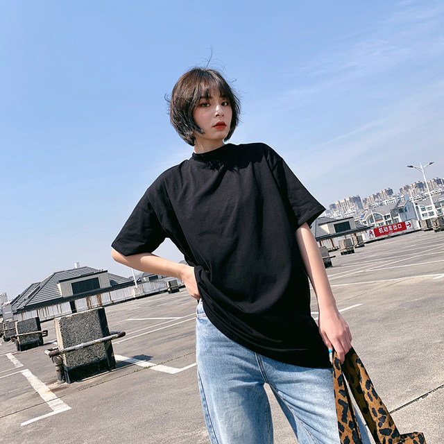 2024 new Korean style pure cotton summer half turtleneck T-shirt women ...