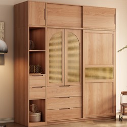 Oak Solid Wood Sliding Door Wardrobe Bedroom Home Wardrobe Cabinet Antique Style Rattan Wardrobe Storage Door Wardrobe