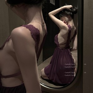 
LA Reversal Encounter* Pure Deep V Backless White Sexy Night Dress Purple High-end Lace Pajama