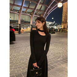 Pusumede Black Hollow Knitted Dress Women's Autumn And Winter Design Long-sleeved Slim Temperament Inner Skirt