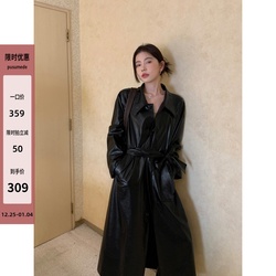 Pusumede Black Retro Long Leather Jacket Women's Winter High-end Windbreaker Waist Casual Temperament Coat