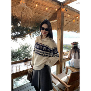 
pusumede retro half zipper turtleneck sweater women fair island jacquard loose lazy pullover knit top