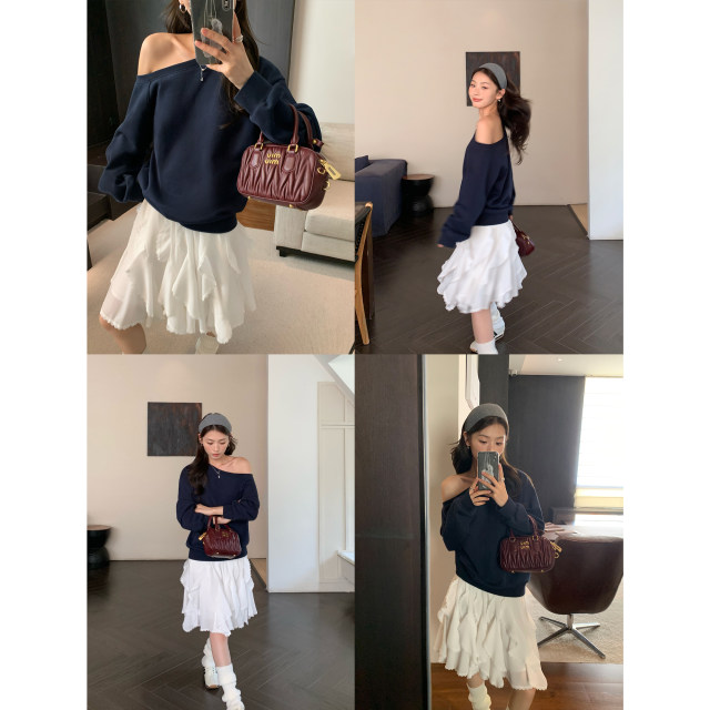 Pusumede off-shoulder sweatshirt for women loose casual and simple lazy pullover one-shoulder temperament slim top