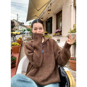 Pusumede loose lazy high-end sweater for women wearing autumn and winter casual hooded pullover knitted jacket top
