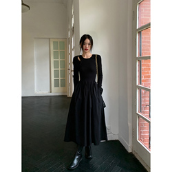Pusumede Long-sleeved Hollow Knitted Dress Women's Design Niche Waist Slimming Black Long Skirt