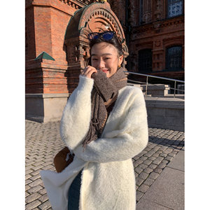 pusumede long sweater cardigan jacket for women in autumn and winter Korean lazy style imitation mink velvet knitted coat
